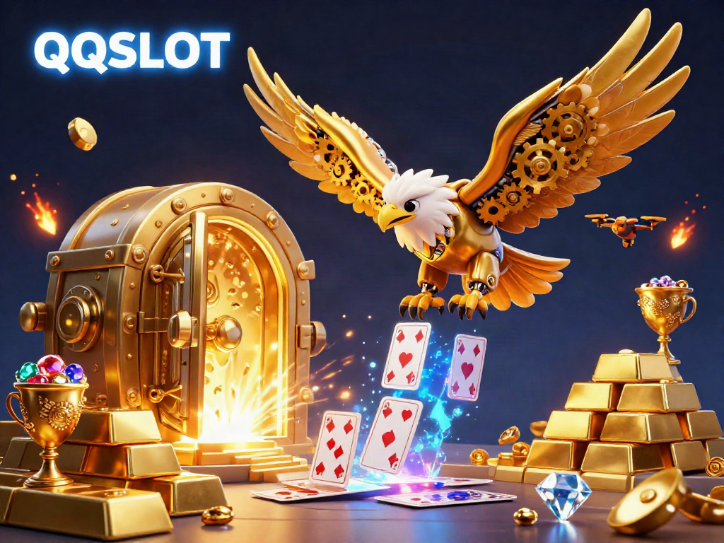 Experience the thrill of QQSLOT with immersive 3D visuals of a golden eagle amid dazzling casino elements.