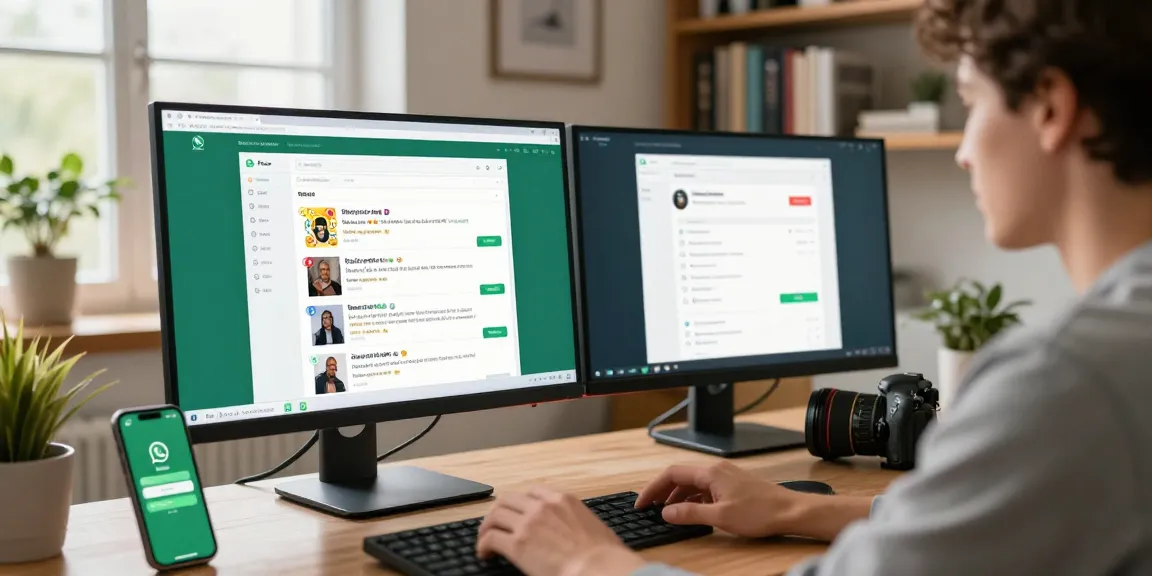 Interactive scene of WhatsApp網頁版 chat on dual monitors in a modern home office.