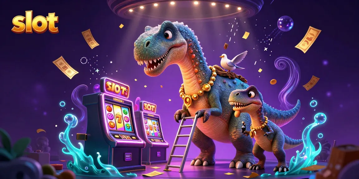 Bermain slot dengan brontosaurus yang tinggi dan raptor yang menarik tuas jackpot dalam ilustrasi kasino yang menarik.