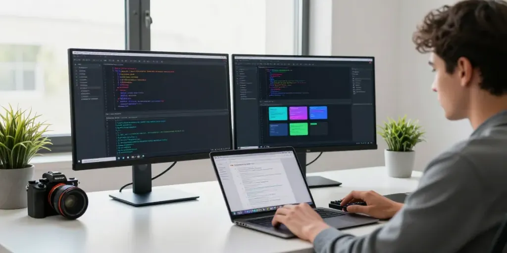 Developer coding at a modern workspace with dual monitors, highlighting h5.2113.net apps