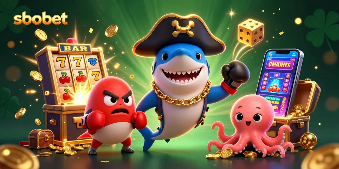 SBOBET sports betting scene with pirate shark, pufferfish, and octopus celebrating winnings among slot machines and gold coins.