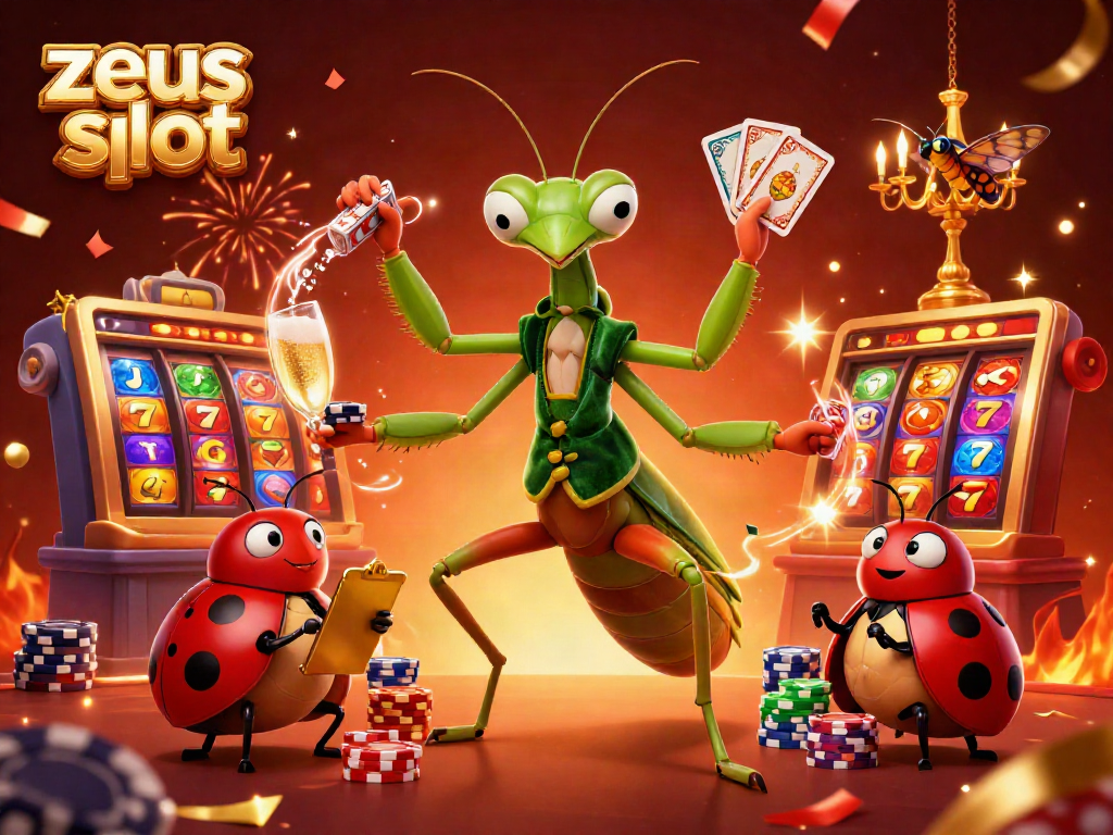 Experience the excitement of zeus slot with vibrant action from characters amidst celebratory casino elements.