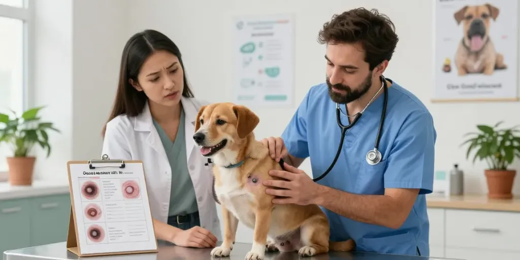 Veterinarian examining a dog with skin tags, highlighting care for skin tags on dogs in a calming clinic environment.