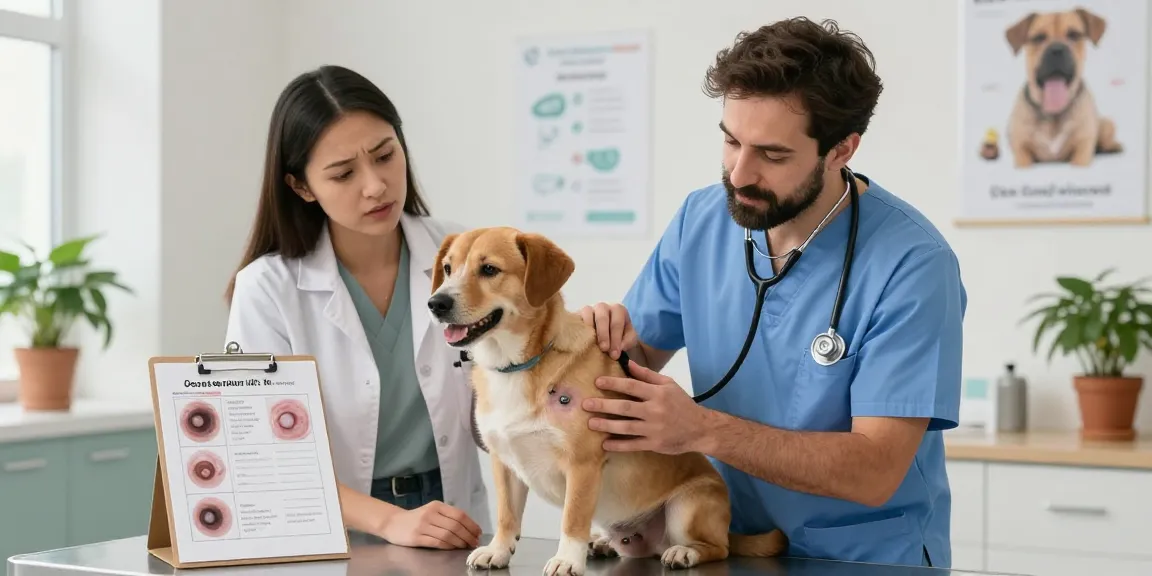 Veterinarian examining a dog with skin tags, highlighting care for skin tags on dogs in a calming clinic environment.