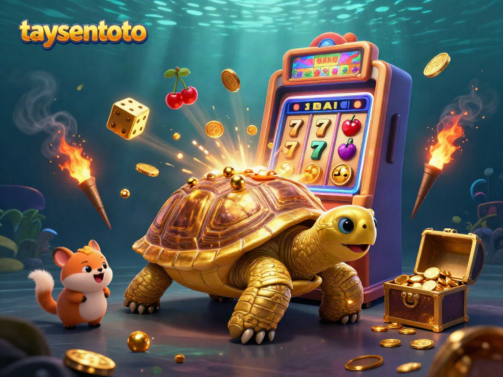 Taysentoto showcases a vibrant 3D illustration with a golden tortoise pinball machine, festive casino elements, and excited characters.