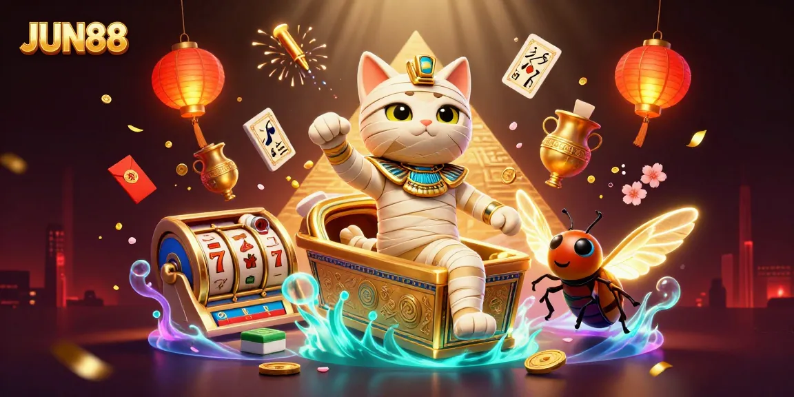 Experience thrilling casino action at JUN88 with an exhilarating illustration of a mummy cat and vibrant game elements.