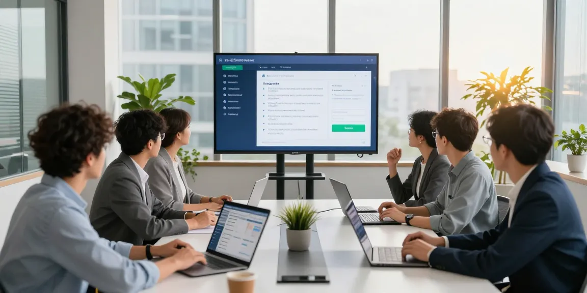 Team collaborating on a virtual switchboard implementation, showcasing a modern office setup.
