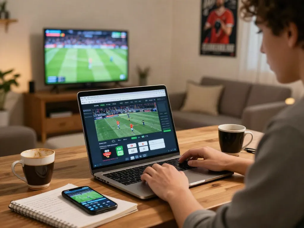 Pengguna menikmati link alternatif 7meter di rumah dengan laptop, smartphone, dan catatan strategi taruhan.