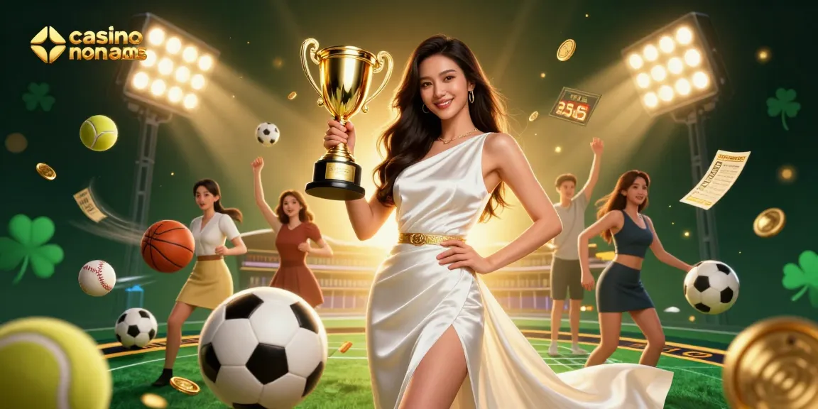 Immergiti nel brivido dei casino non aams mentre una donna asiatica sicura di sé tiene un trofeo tra elementi sportivi vibranti.