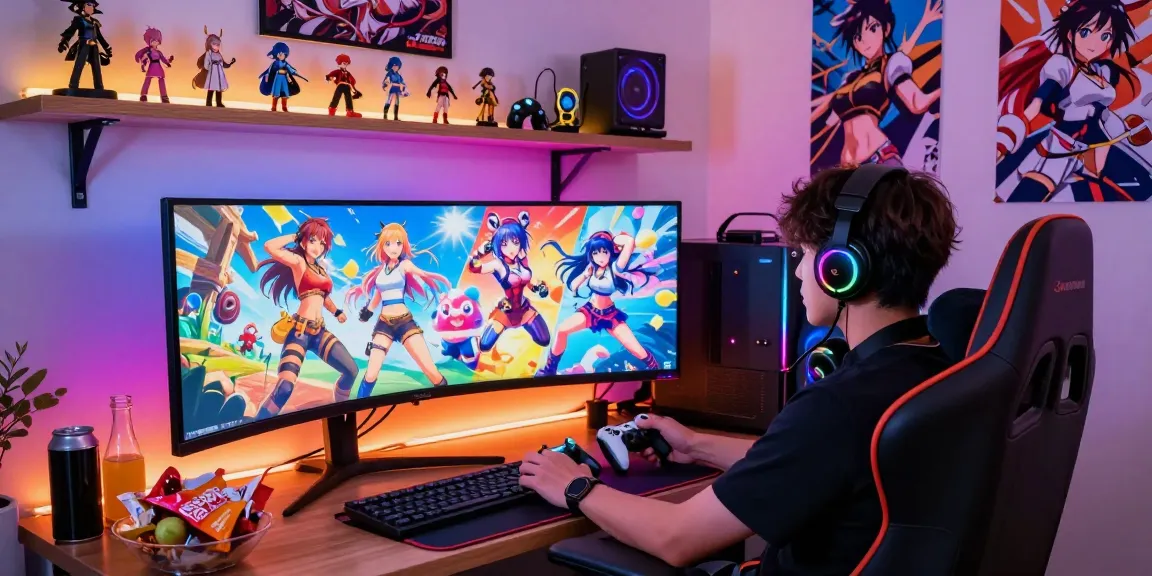 Engaged gamer playing a hentai game in a colorful gaming setup with anime-inspired decor.