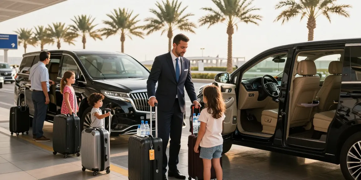 airport transfer dubai luxury with professional chauffeur welcoming family at Dubai Airport