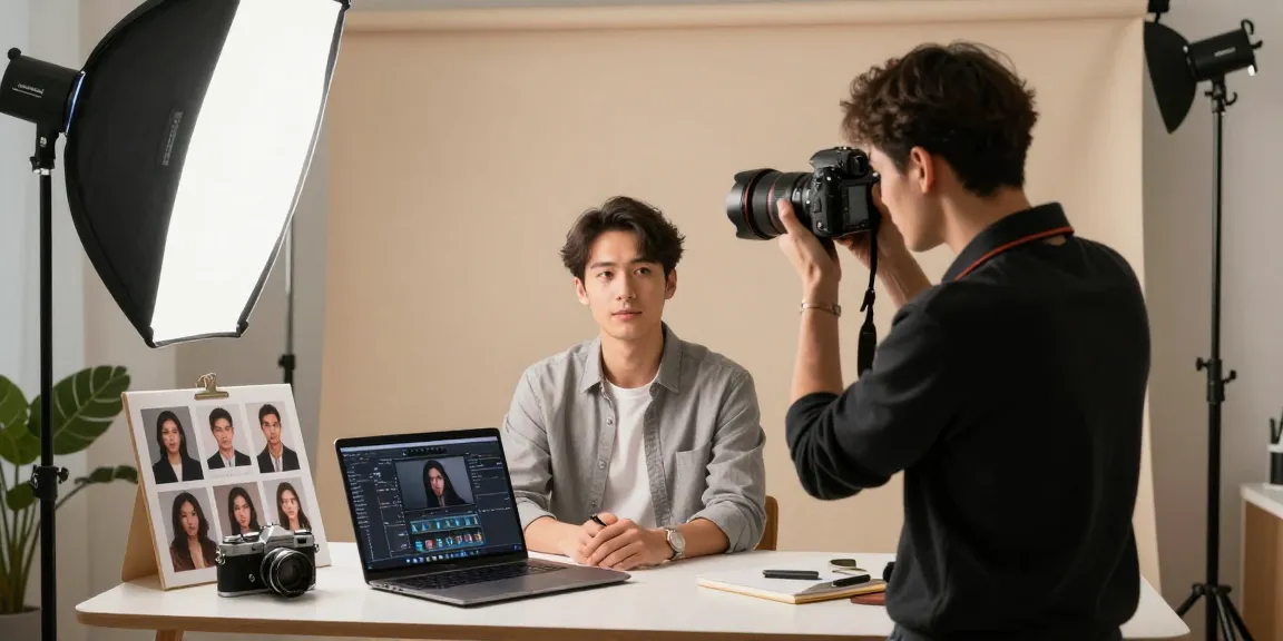 Un photographe de portrait à Milan capturant une séance photo professionnelle dans un studio élégant.