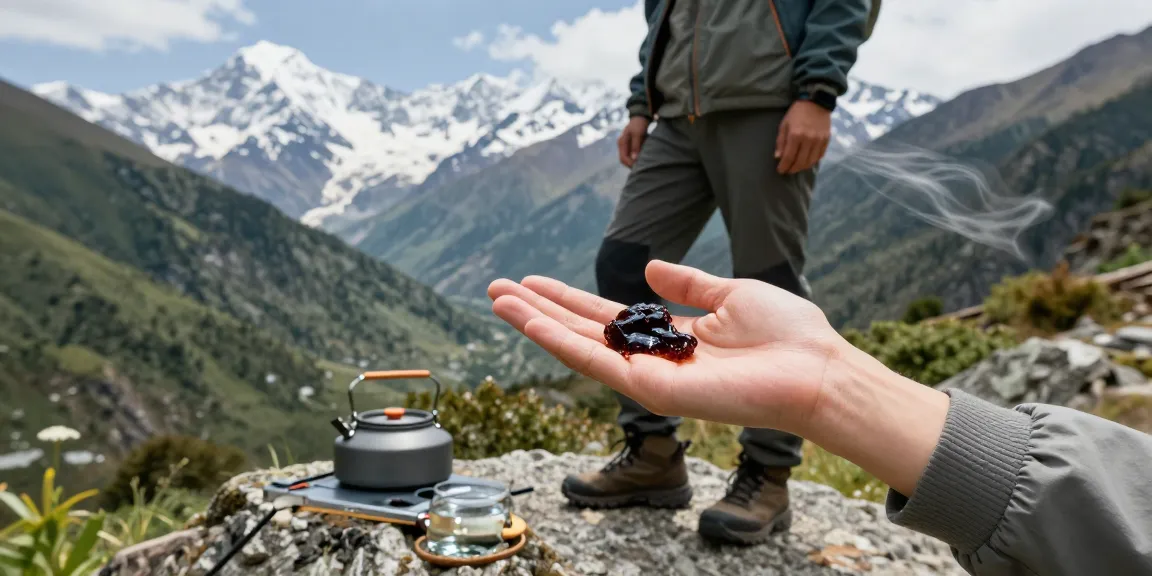 Holding pure Himalayan shilajit resin in serene mountain landscape