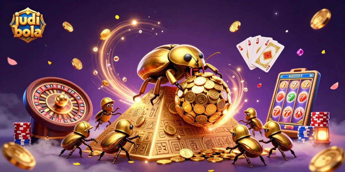 Win big with judi bola—golden beetles rolling coins amidst casino magic in a vibrant scene.