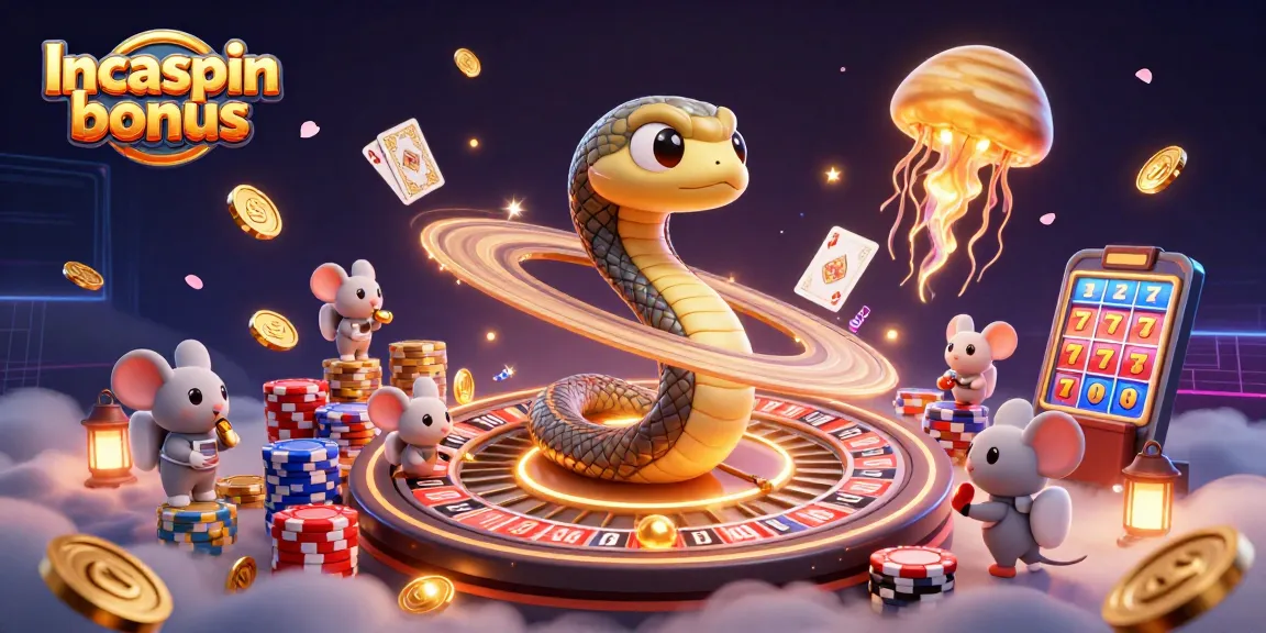 Engage with the Incaspin bonus through a playful cosmic scene with cartoon characters and casino elements.