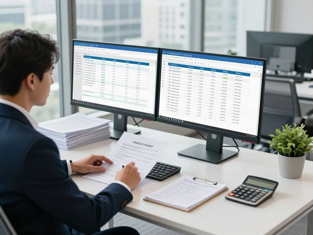 Professional setting for SMSF audit with accountant at modern desk reviewing financial reports.