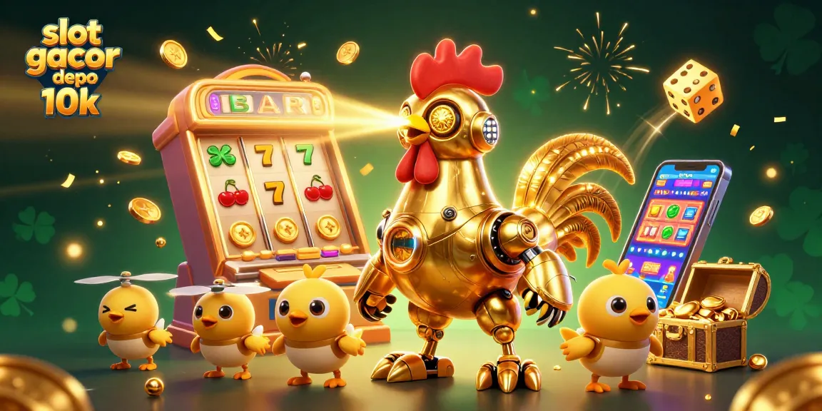Permainan slot gacor depo 10k dengan robot ayam berteknologi tinggi dan simbol jackpot menghiasi permainan.