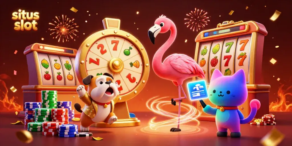 Exciting scene of situs slot with flamingo game show host, bulldog contestant, and cat assistant revealing prizes.