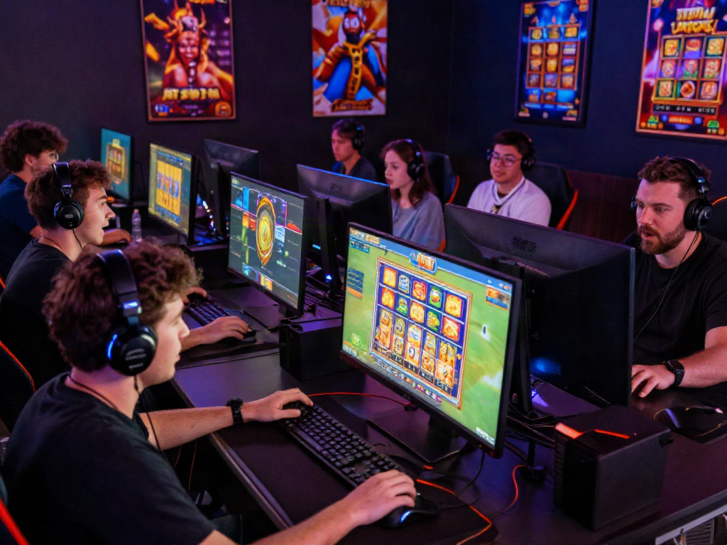 Players immersed in bandar slot gaming session with vibrant graphics and gaming gear.