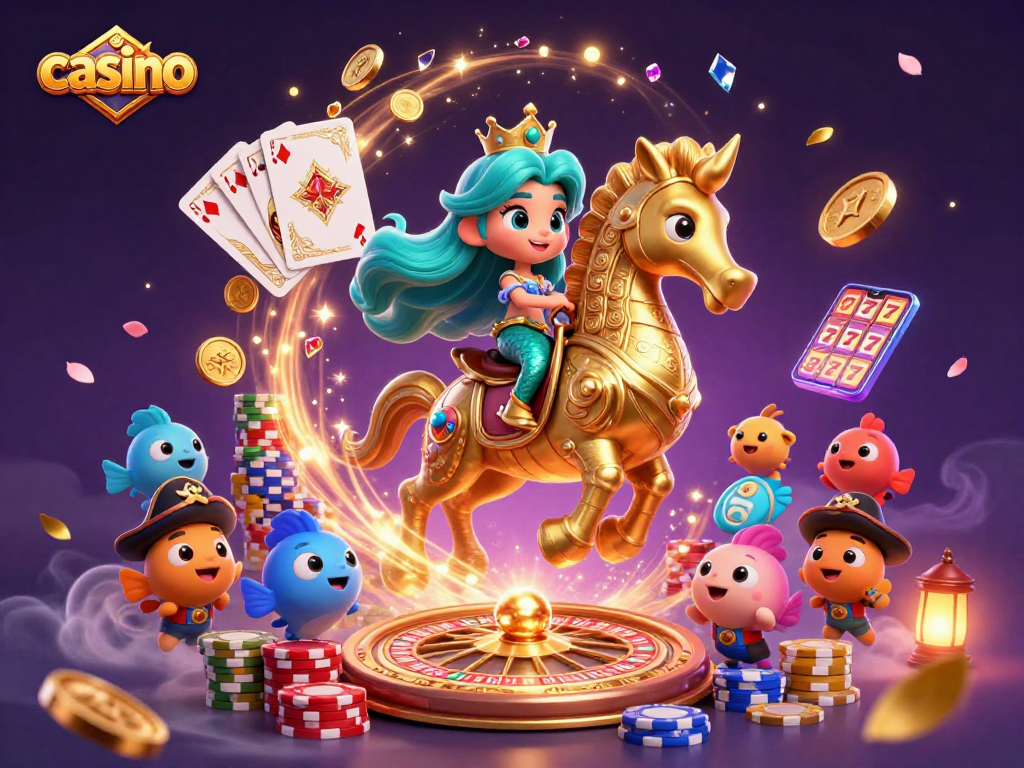 Engaging cartoon scene of a casino with a mermaid princess and giant seahorse, featuring vibrant gaming elements.