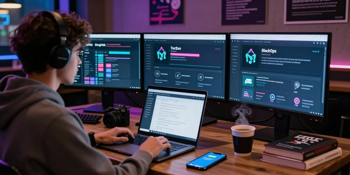 Individual studying Best Darknet Markets 2026 in a cyber cafe with monitors showing top onion markets.