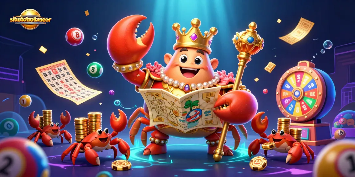 Engaging illustration of situstotoslottergacor with a golden crab emperor and colorful lottery elements.