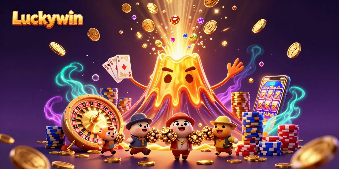 Experience thrilling wins with Luckywin in this vibrant 3D casino scene filled with coins, gems, and exciting game elements.