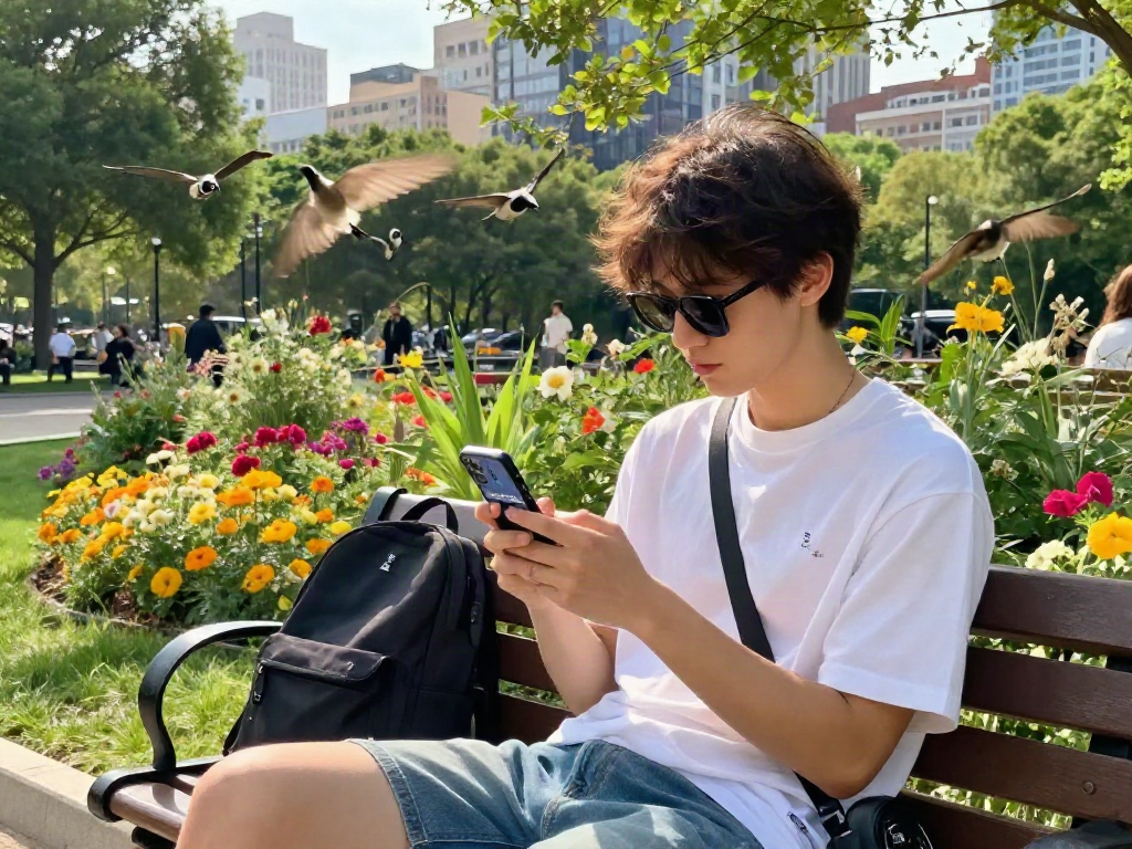 Engaged person using an age estimation app to find out how old do I look in a sunny park.