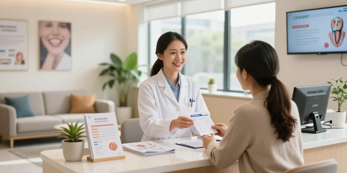 Discover more here in a welcoming dental clinic with a friendly dentist assisting a patient.