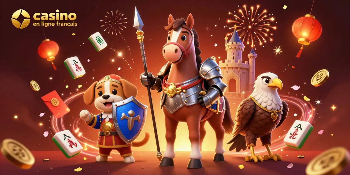 Profitez de jeux captivants sur un casino en ligne français avec un chevalier et des éléments festifs.