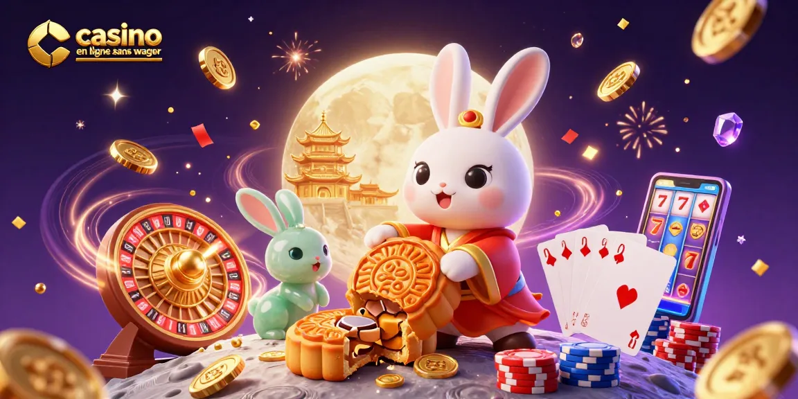 virez au casino en ligne sans wager avec un lapin lunaire entouré de pièces dorées et de jetons de poker.