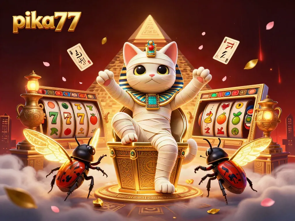 Spin to win at pika77 with a 3D mummy cat and jackpot reels in a vibrant casino scene.