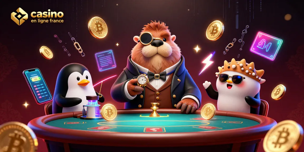 Jouez sur un casino en ligne France avec des personnages animés autour d'une table de poker.