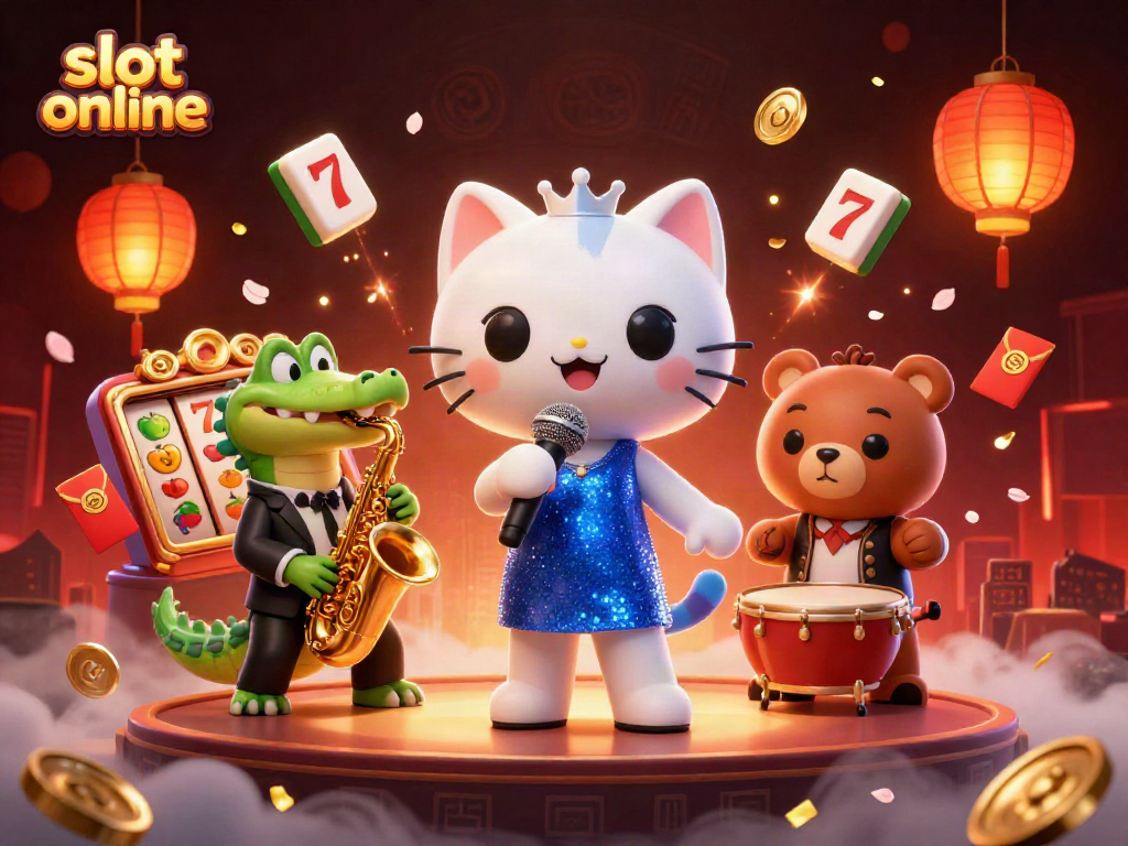 Experience slot online excitement with a jazzy cat, croc, and bear in a vibrant casino setting.
