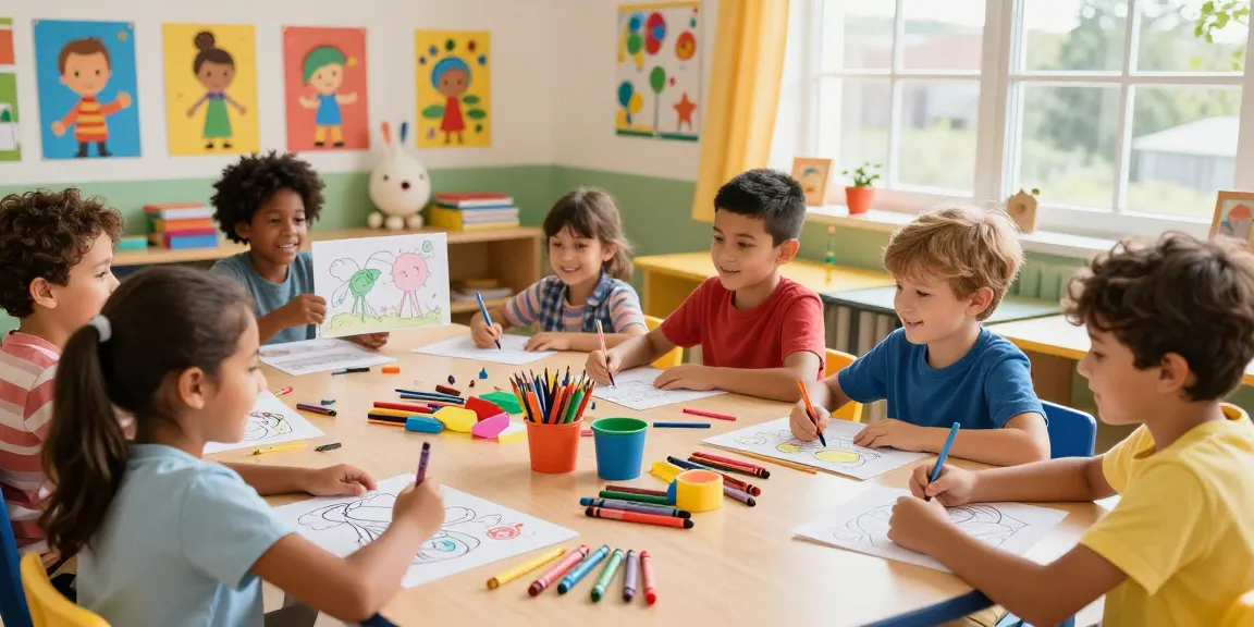 Engaging classroom scene featuring kids coloring pages for kids, showcasing creativity and collaboration.