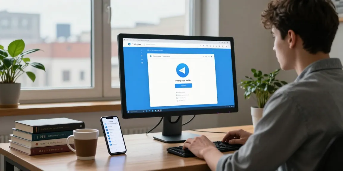 User logging into telegram china web login from a stylish home office workspace with monitor and smartphone.