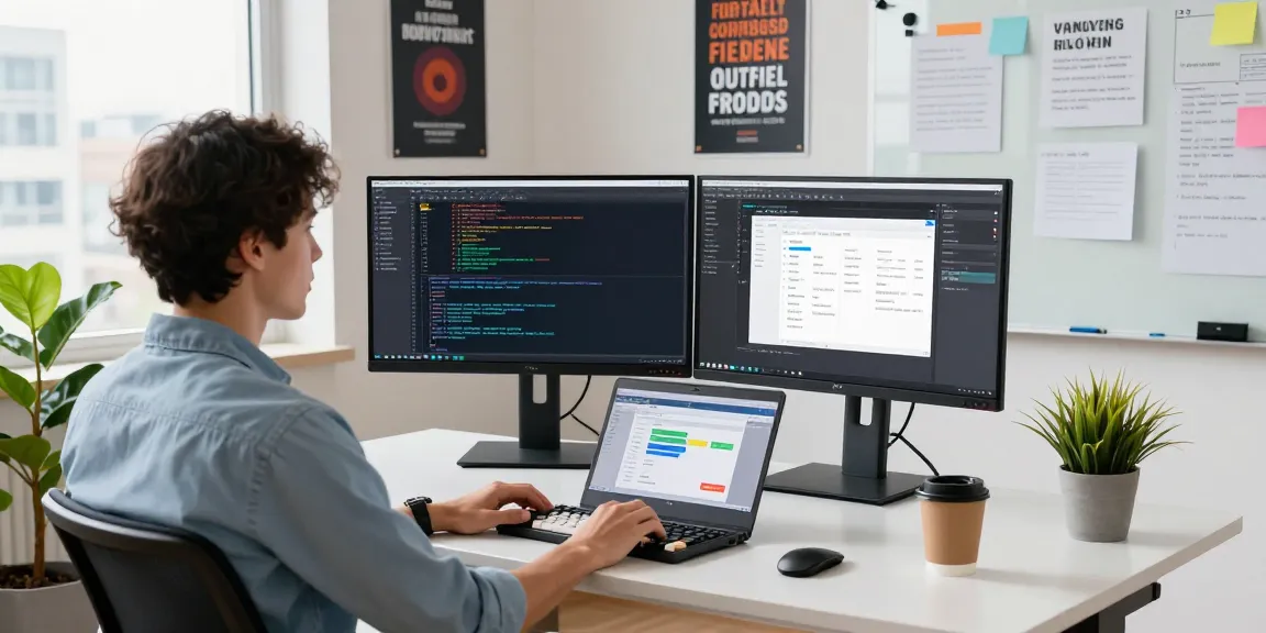 快连 software developer at a modern workspace, coding on dual monitors with a city view.