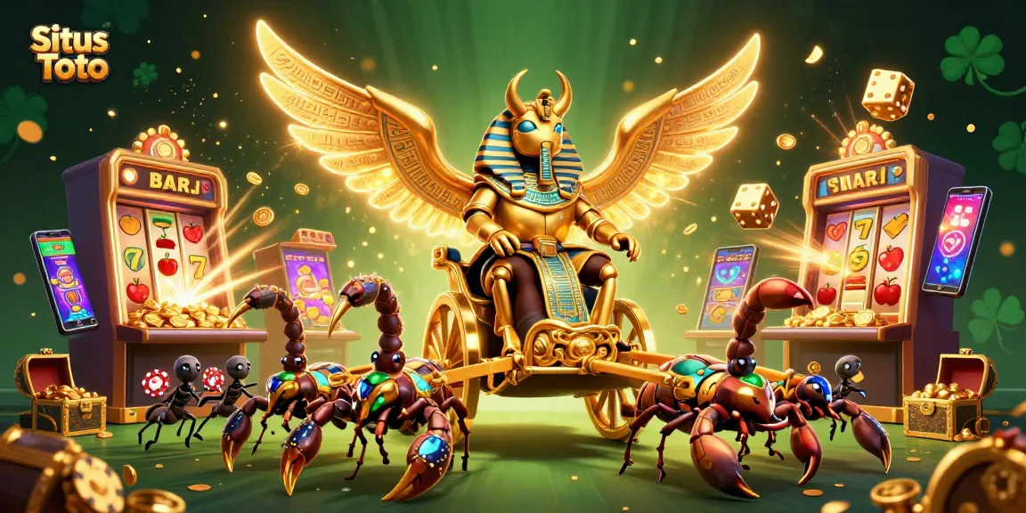 Experience exciting gaming at Situs Toto featuring a colossal golden scarab beetle in a vibrant casino scene.