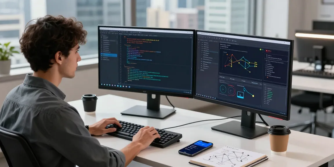 快连 network acceleration workspace with developer actively coding in a modern tech environment filled with gadgets and city view.