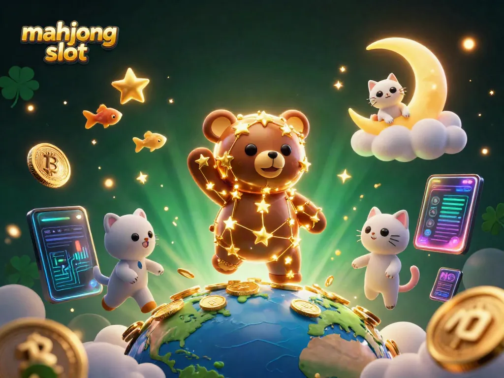 Experience the excitement of mahjong slot gaming with a celestial bear and cosmic companion characters.