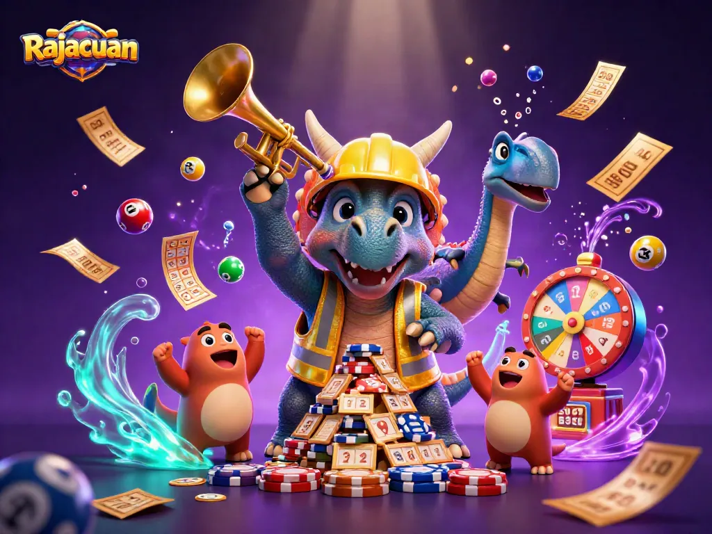 Rajacuan engages players with vibrant casino excitement featuring a triceratops building poker chip pyramids.
