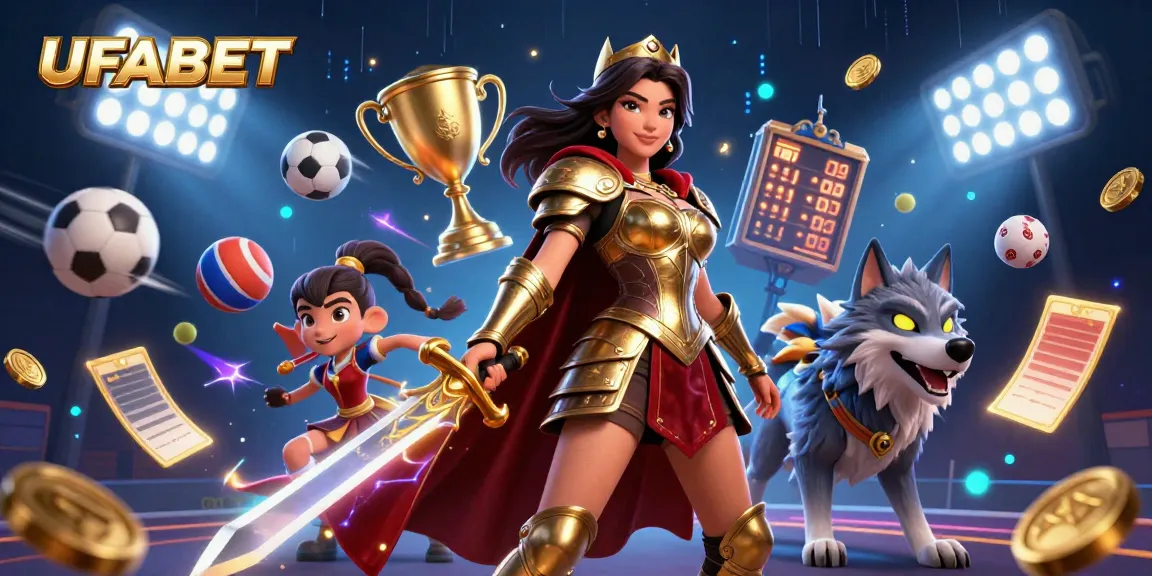 Win big with UFABET's online sports betting arena showcasing a warrior queen and her wolf companion.