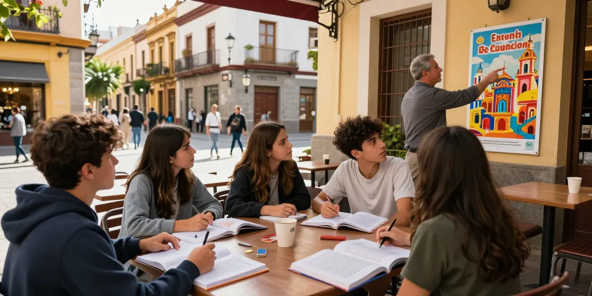Cursos de español en España siendo estudiados por estudiantes al aire libre en un animado café de una ciudad española.