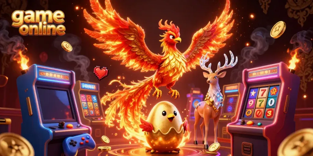 Menangkan jackpot game online dengan phoenix dan stag ikonik dalam ilustrasi menarik.