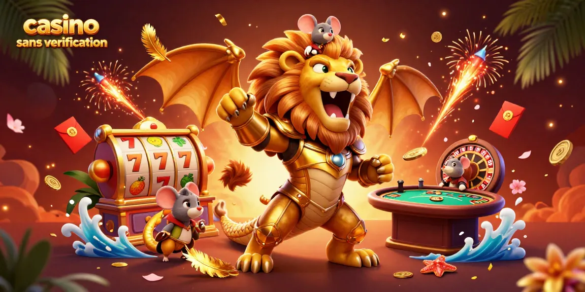 Jouez au casino sans vérification avec des personnages en 3D et des éléments de jeu animés, créant une scène dynamique.