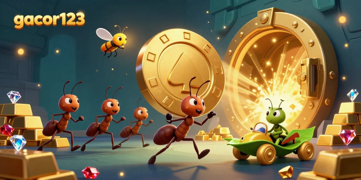 Join the adventure of gacor123 as ants heist a giant poker chip with treasures in a vibrant 3D scene.