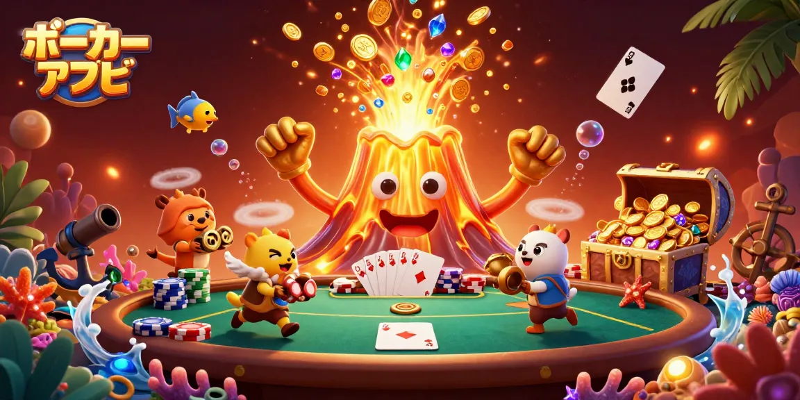 ポーカー アプリで勝利を目指し、チップの山とともに盛り上がる楽しげなキャラクターたちが描かれたイラスト。