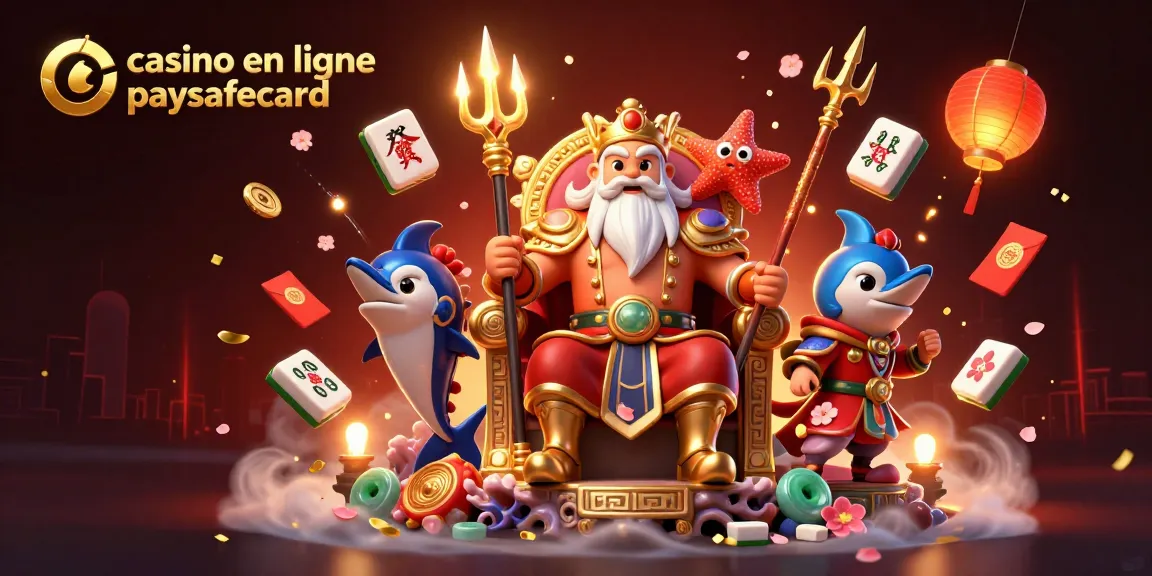 Jouez sur un casino en ligne paysafecard avec Neptune et des éléments de jeu animés dans une illustration dynamique.