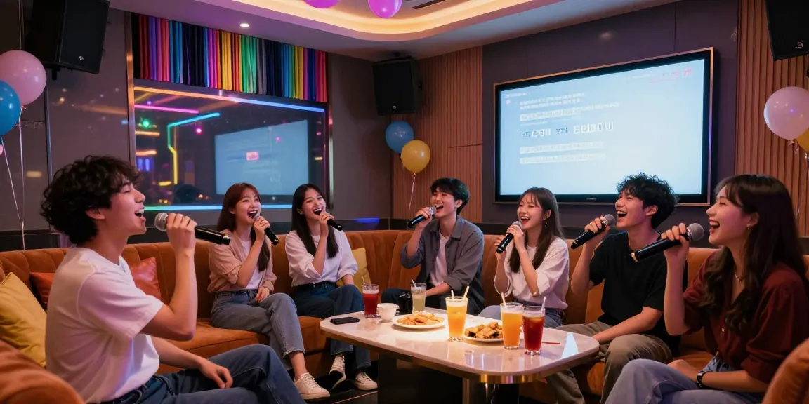 Joyful friends singing at a lively 강남가라오케 lounge with vibrant decor.