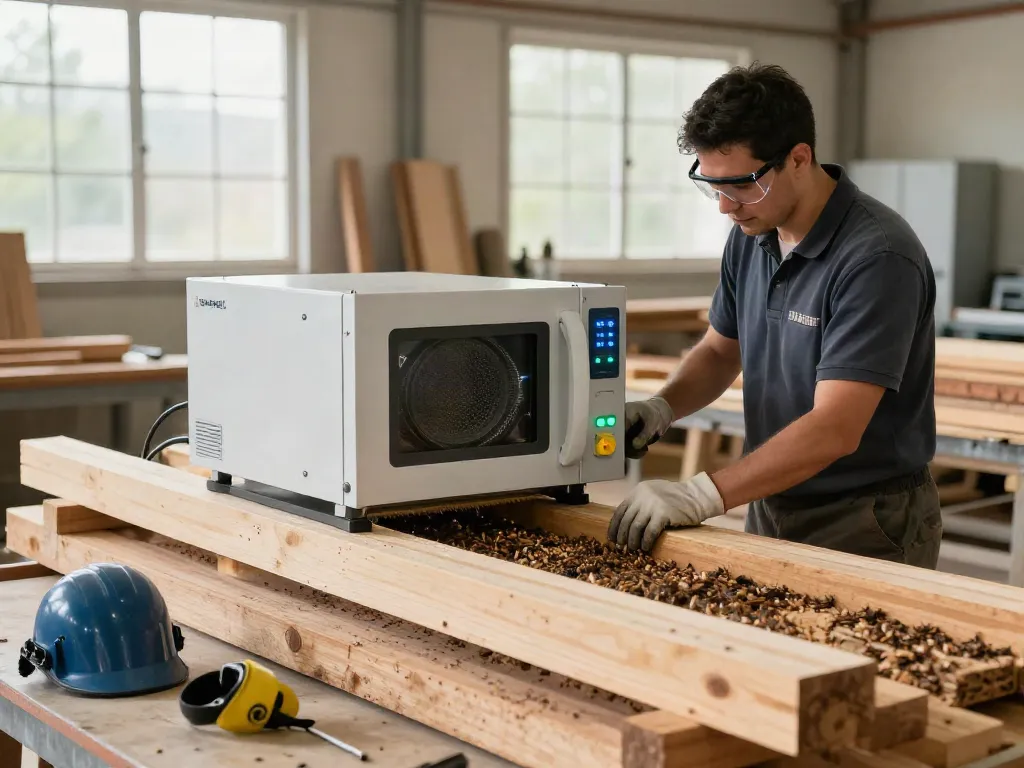 SHASHEL® microwave equipment eliminating wood-boring insects in a professional workshop setting.